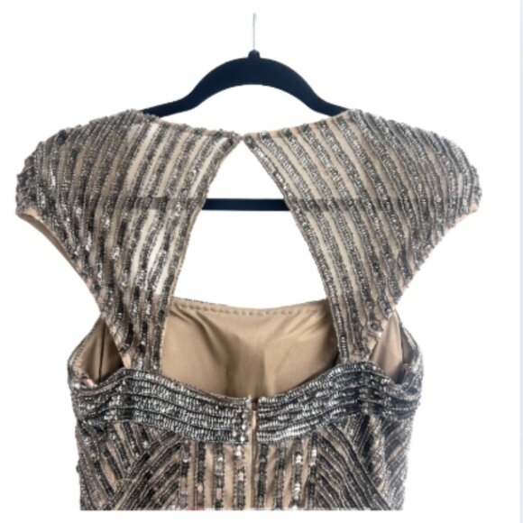 Adrianna Papell Nude Cap Sleeve Beaded Dress Size 4 Square Neck - Picture 3 of 5